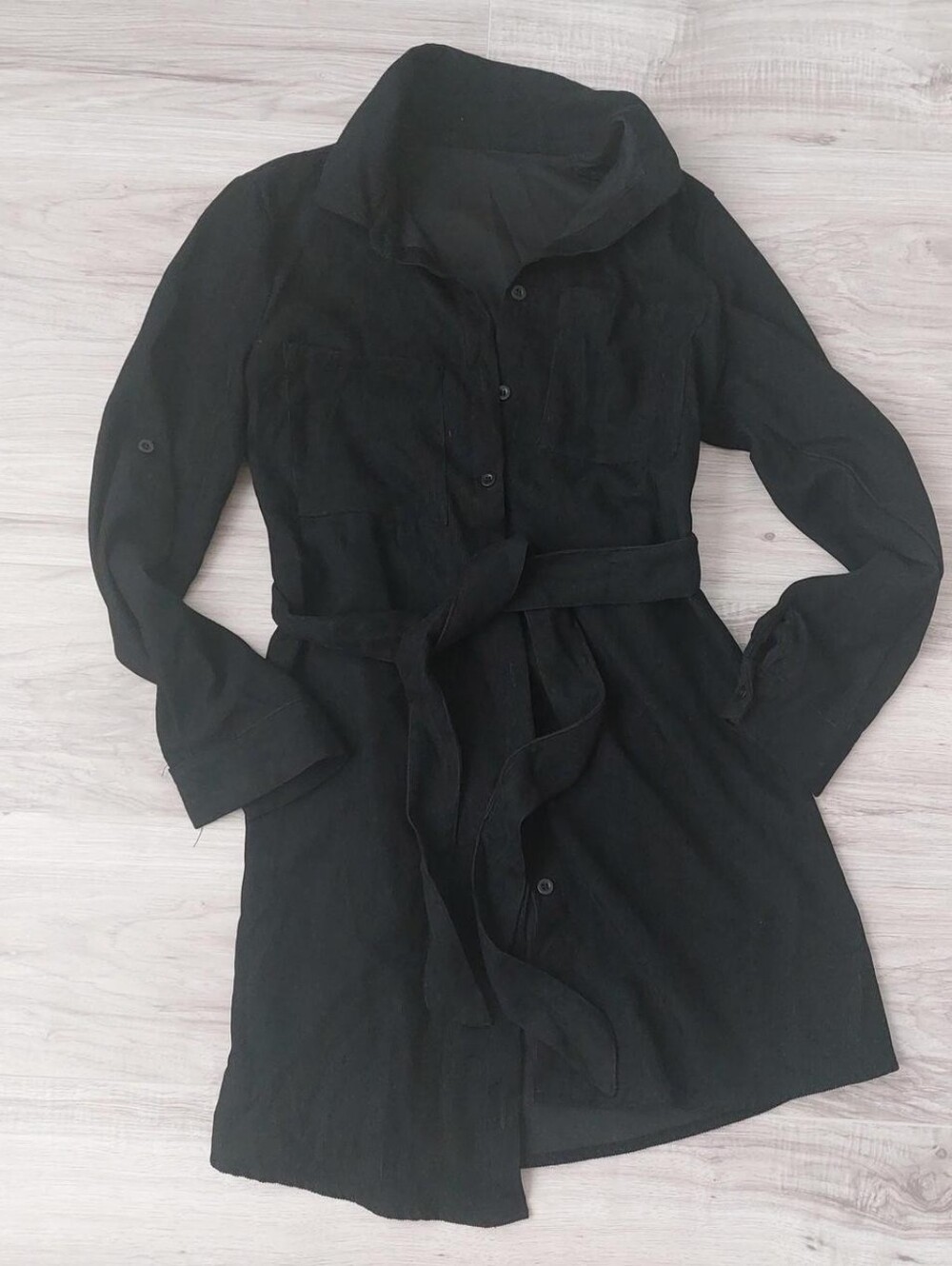 Black Button-Up Shirt Dress with Waist Tie